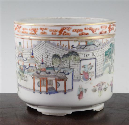 A Chinese famille rose cylindrical brush pot, c.1900, 16cm diam.